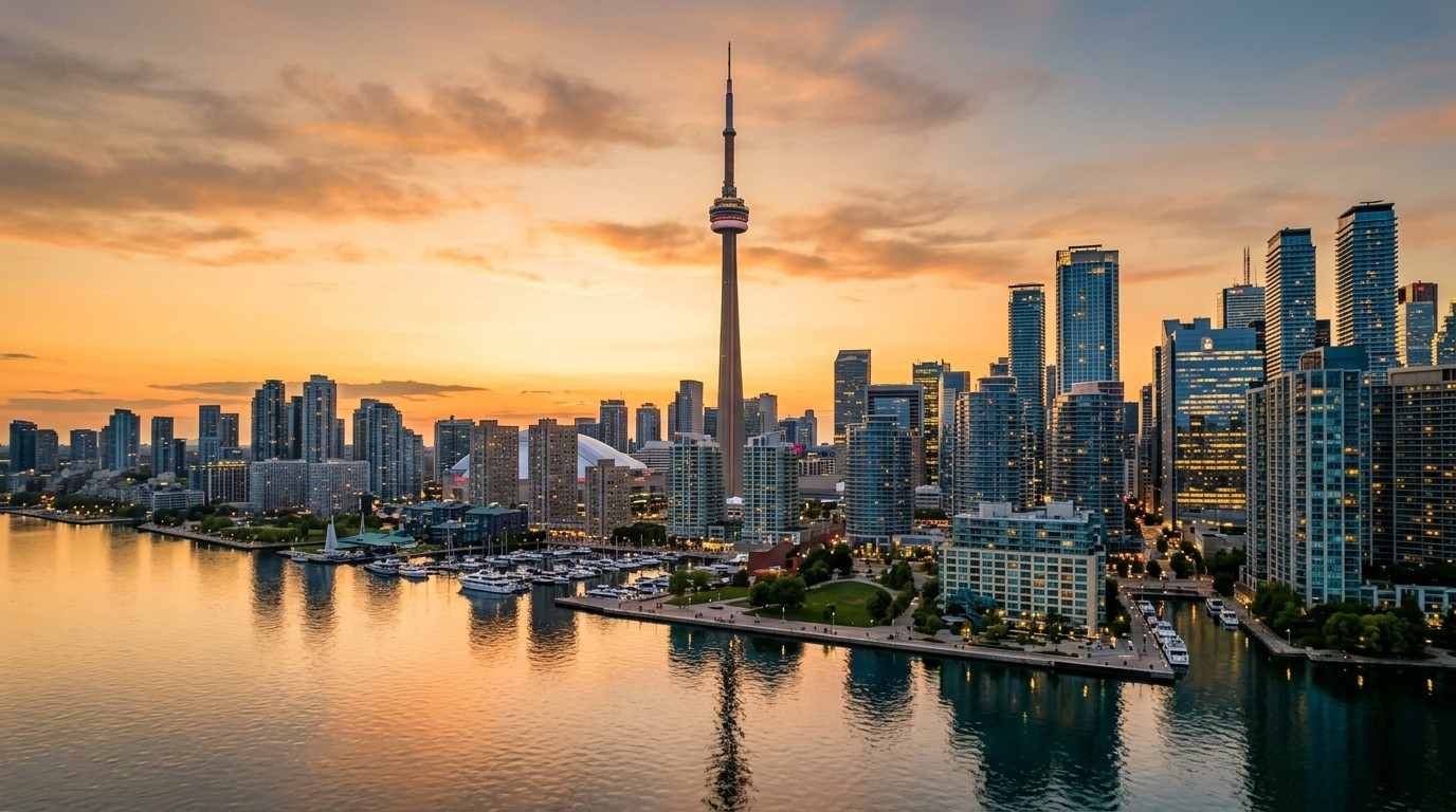toronto skyline and cn tower at sunset